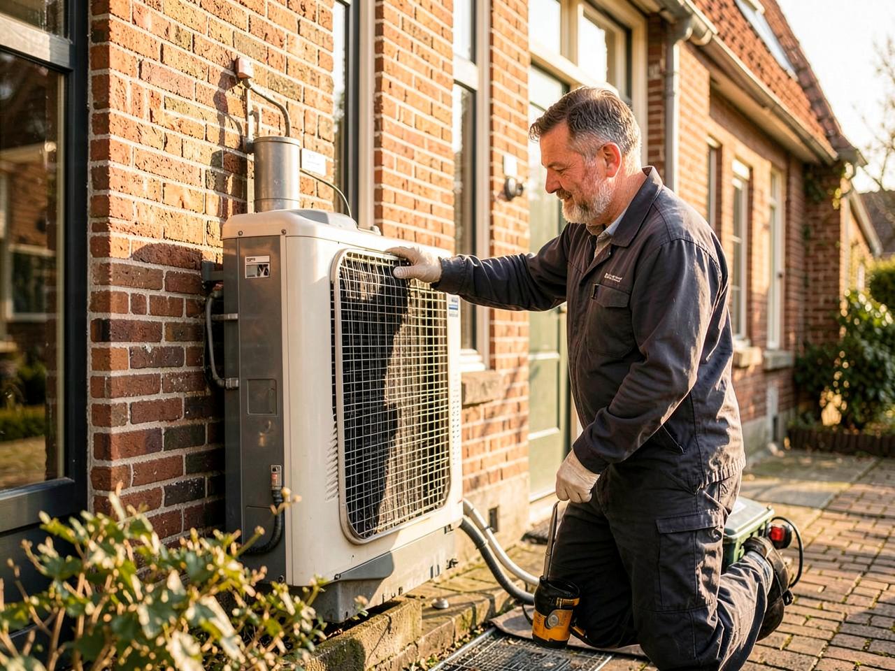Installateur monteert een warmtepomp bij een woning