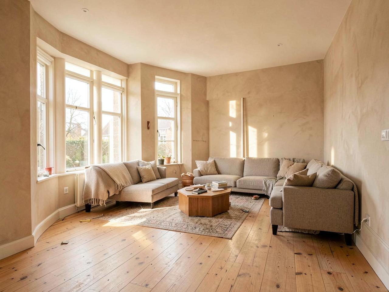 Woonkamer van een woning tijdens renovatie met nieuwe vloer en afwerking